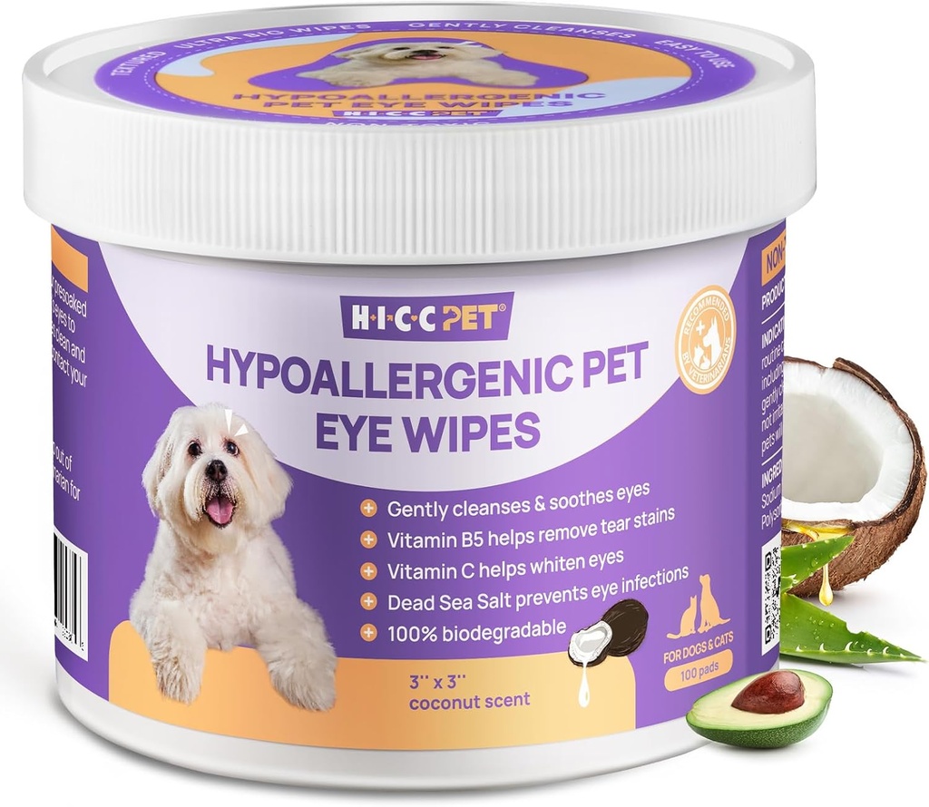 HICC PET Eyes Wipes for Dogs & Cats, Vet-Recommended Dog Eye Infection Treatment, Gently Remove Tear Stain, Debris, Discharge - Hypoallergenic Pet Eye Wash Cleaner for Eyes, Wrinkle, Face - 100pcs