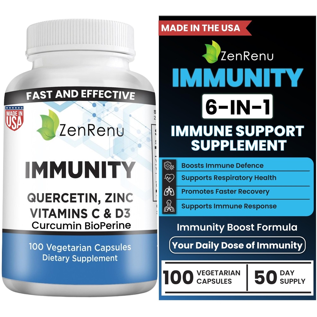 Zenrenu Immunität Quercetin 700 mg Zink Vitamin C Vitamin D Immununterstützungsergänzung mit Curcumin - leicht zu absorbieren Immunitätsergänzung, 100 Vegetarische Kapseln 50 Tage Versorgung