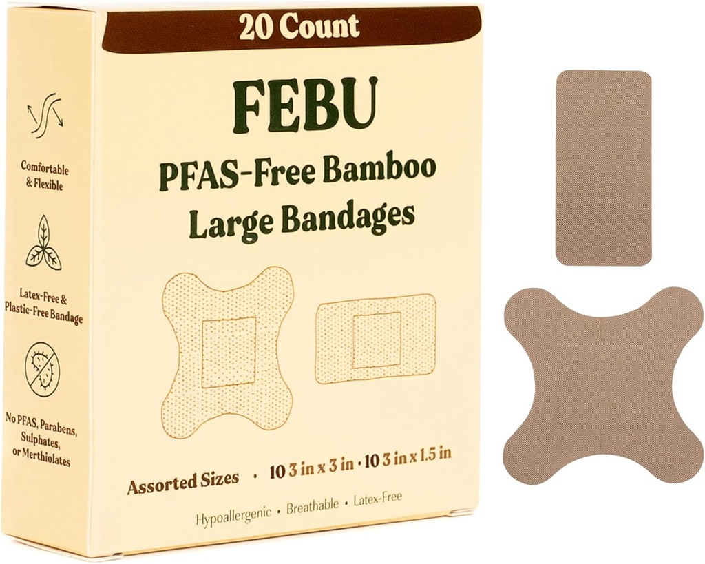 Bandages di bambù di grandi dimensioni Eco-Friendly di FEBU | Bandages PFAS Free per Scrapes & Cuts | Bandage di tessuto flessibile | Fully Compostable, Latex Free Bandage | 20 Conte Large