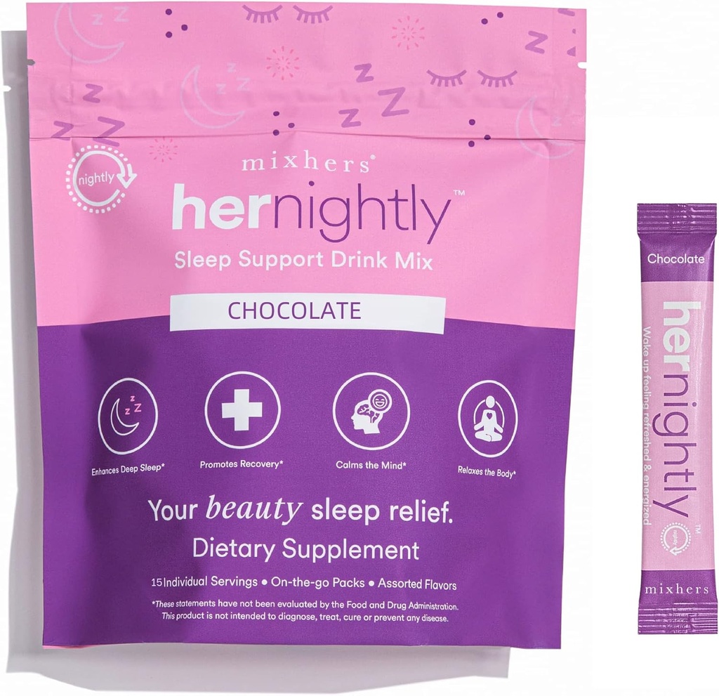 Integratore di supporto per il sonno MIXHERS | Include Melatonin, Ashwagandha, Camomilla, L-Glycine & L-Theanine | Miscela per bere rilassante per il sonno riposante | Cioccolato Flavor | 15 Stick Packets