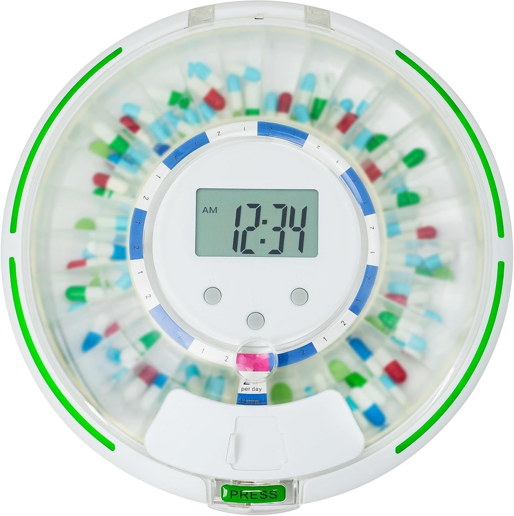 Dispenser automatico di pillole con luce lampeggiante, suono, allarme e serratura di sicurezza, 28-Day Electronic Medication Organizer – Dispense Vitamins and Tablets Up 6 volte / giorno – Easy Read Display (Frosted)