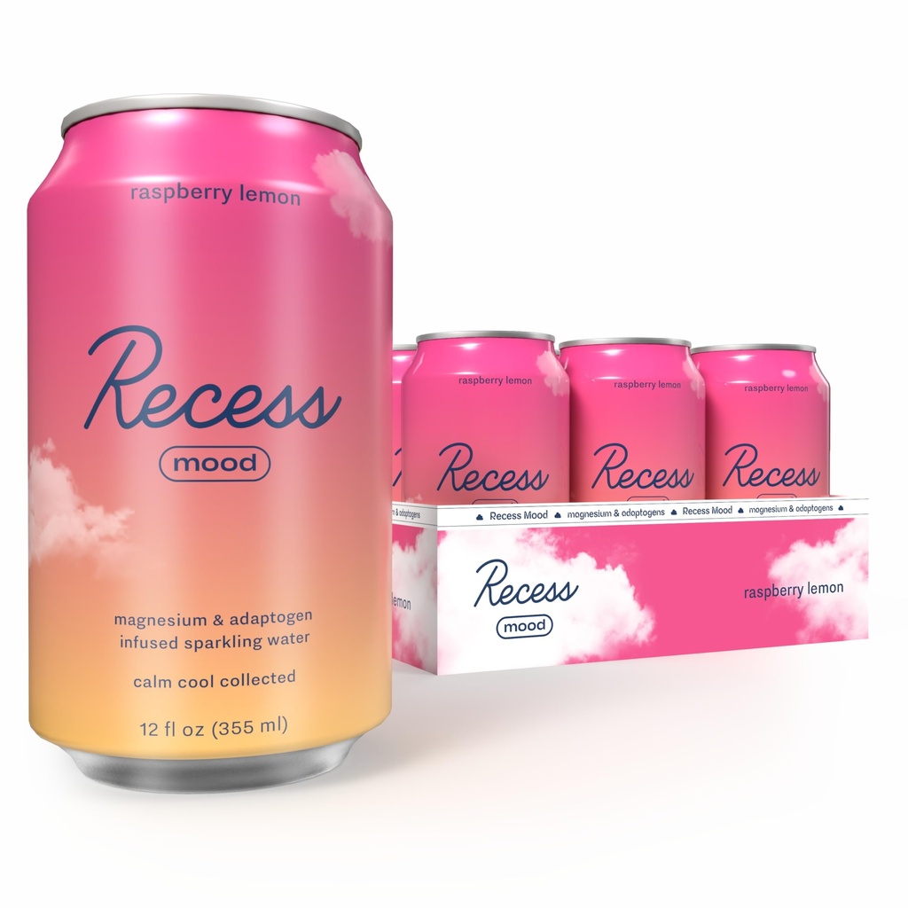Recess Mood Magnesium & Adaptogen Getränk, Beruhigung Getränke, 12 Unzen (Raspberry Lemon, 12 Packung)