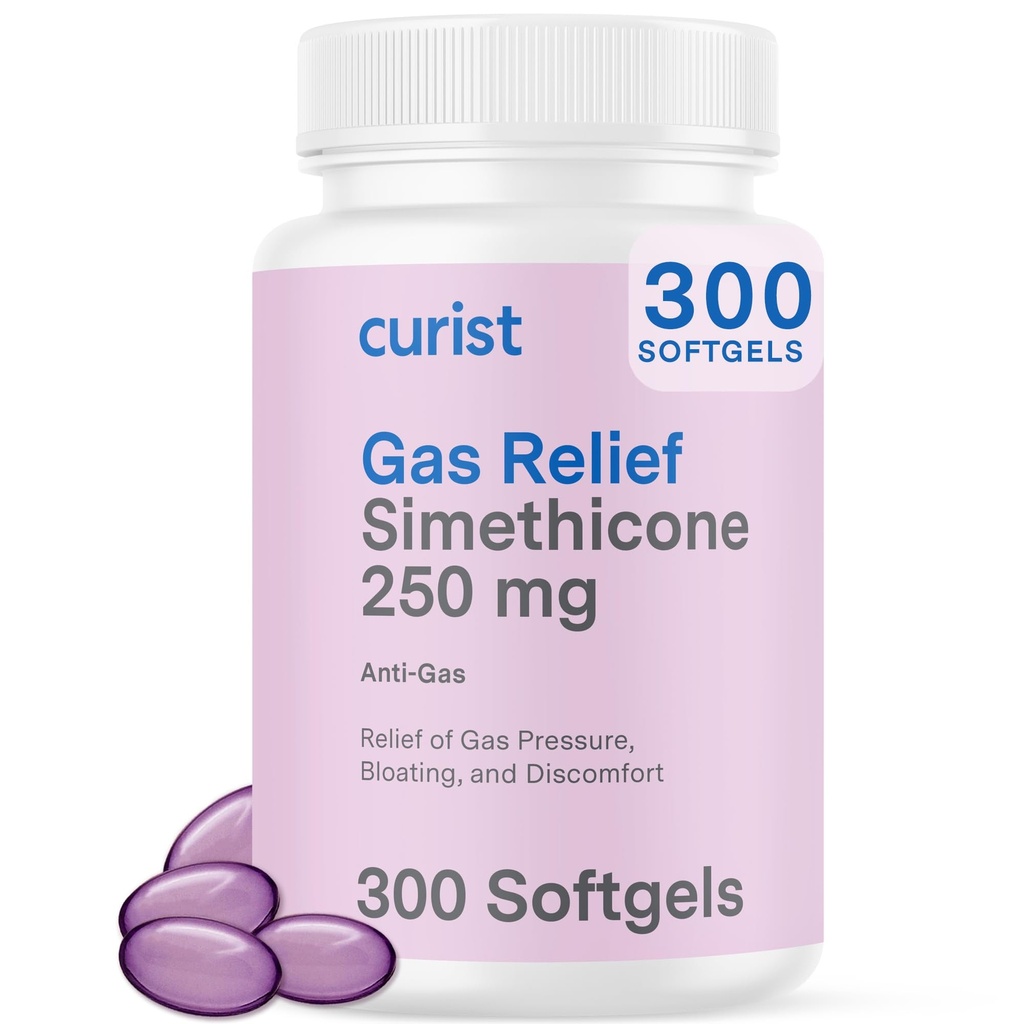 Relief de gaz curiste Siméthicone 250 mg Softgels (300 Comte) - Relief digestif, Relief de ballonnement et pilules anti-flatulence pour adultes aide le Relief de gaz et de ballonnement (300 gels mous)