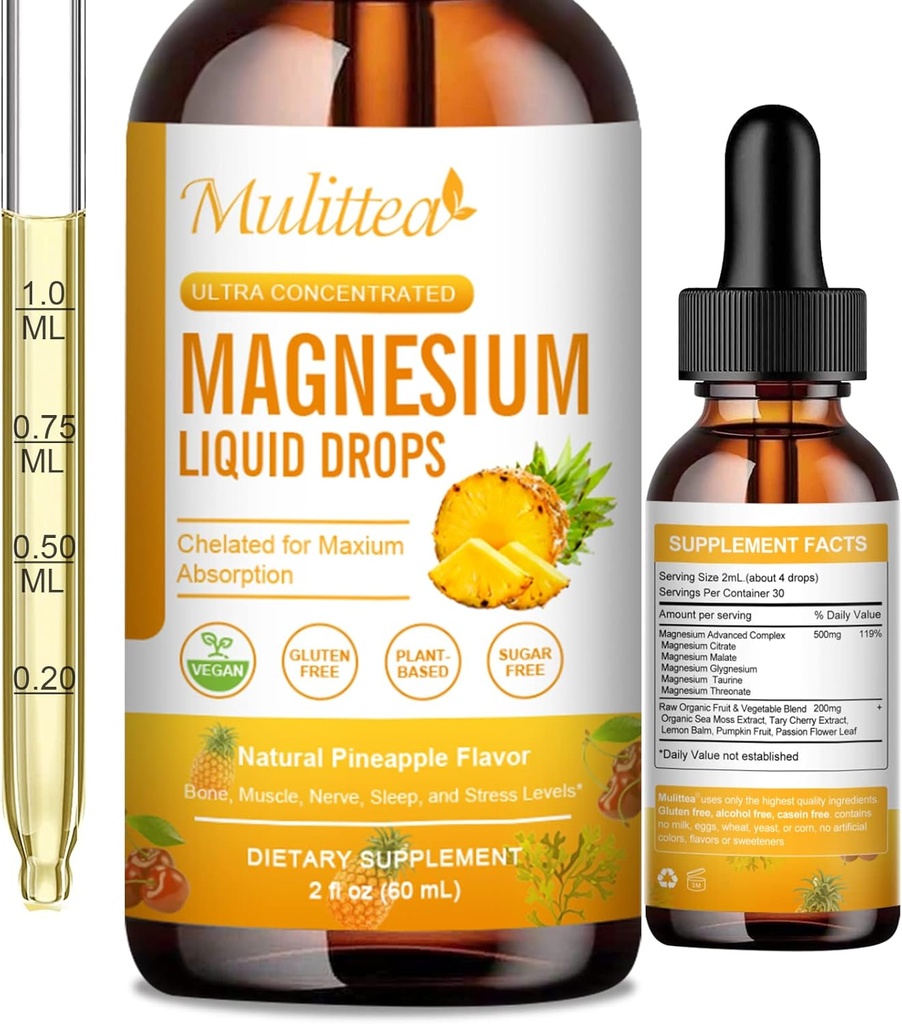 Magnesium 500mg Flüssigkeitstropfen - hohe Absorption 5-in-1 Magnesium Complex Supplement mit Glycinat, Malat, Citrat, Taurat - für Knochen, Muskeln, Nerves & Energy - Vegan Formel, Zuckerfrei, 2 Fl.oz