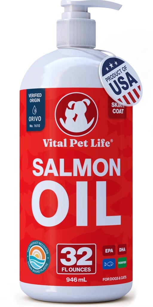 Olio di salmone per cani e gatti - Pelle sana & Cappotto, Olio di pesce, Omega 3 EPA DHA, Integratore alimentare liquido per gli animali domestici, Tutto naturale, Supporta Joint & Bone Salute, Allergia naturale & Inflammation Defense, 32 oz