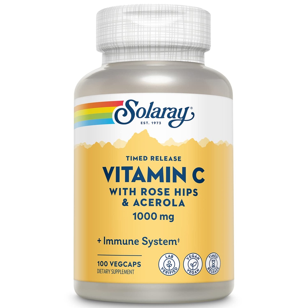 SOLARAY Vitamin C 1000mg - Time Release Vitamin C Kapseln w/Rose HIPS und Acerola für Bioflavonoid Unterstützung - Zweitage, All-Day Immununterstützung - Vegan, 60 Tage Garantie, 100 Servietten, 100 VegCaps