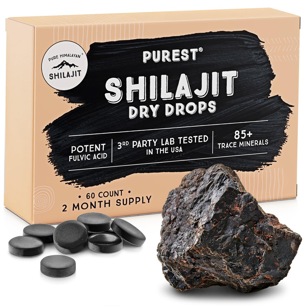 Pure Himalayan Shilajit Dry Drops, 100% Pure Natural Shilajit, Grade A, Max Potency 85+ Clean Trace Minerals & Fulvic Acid for Energy, Métabolism & Imune Support Supplément pour hommes et femmes (60 onglets)