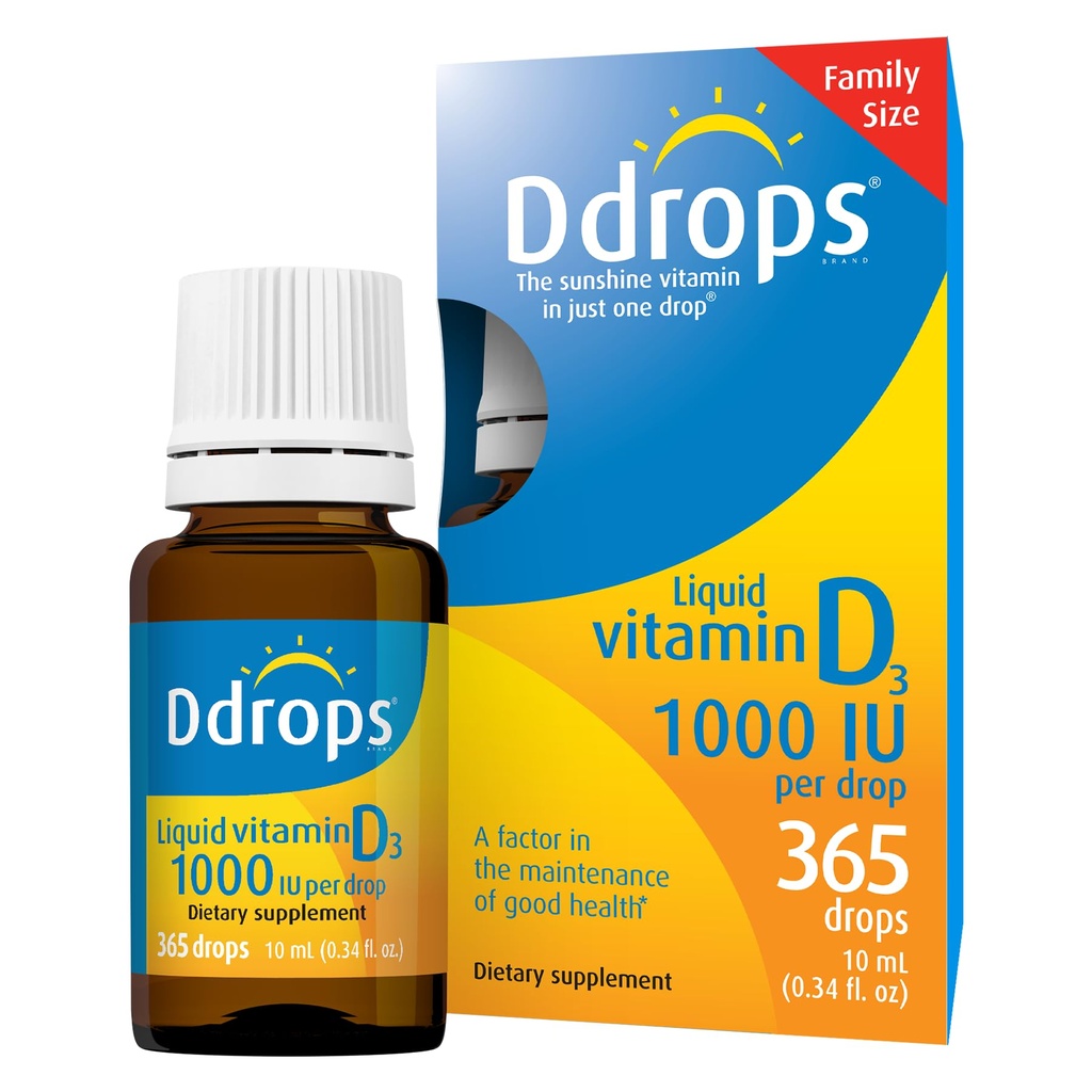 Ddrops Erwachsene 1000IU 365 Tropfen - Flüssiges Vitamin D3 Ergänzung, Unterstützung starke Knochen & Immunsystem