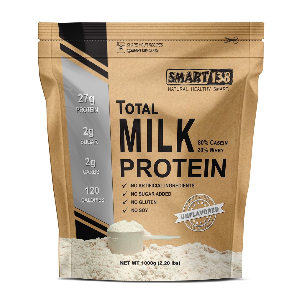 Smart138 Proteine del latte totale - 80% Caseina 20% Whey - RBST/rBGH Hormone gratuito, senza glutine, senza soia, non OGM, USA, Keto Low Carb, BCAA naturali (1000g / 2.2lbs, non aromaed)