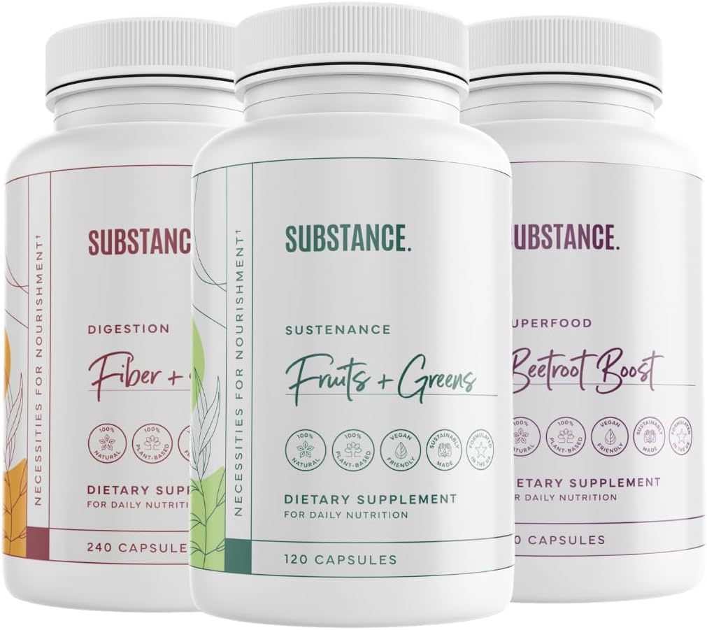 SUBSTANCE. 3-Pack Ensemble de bien-être global: Sustainance de la nature Fruits et légumes quotidiens (120 capsules) + Fibres et épices (240 capsules) + Boost de betterave (180 capsules) - É.-U. Fabriqué, Vegan-Amis
