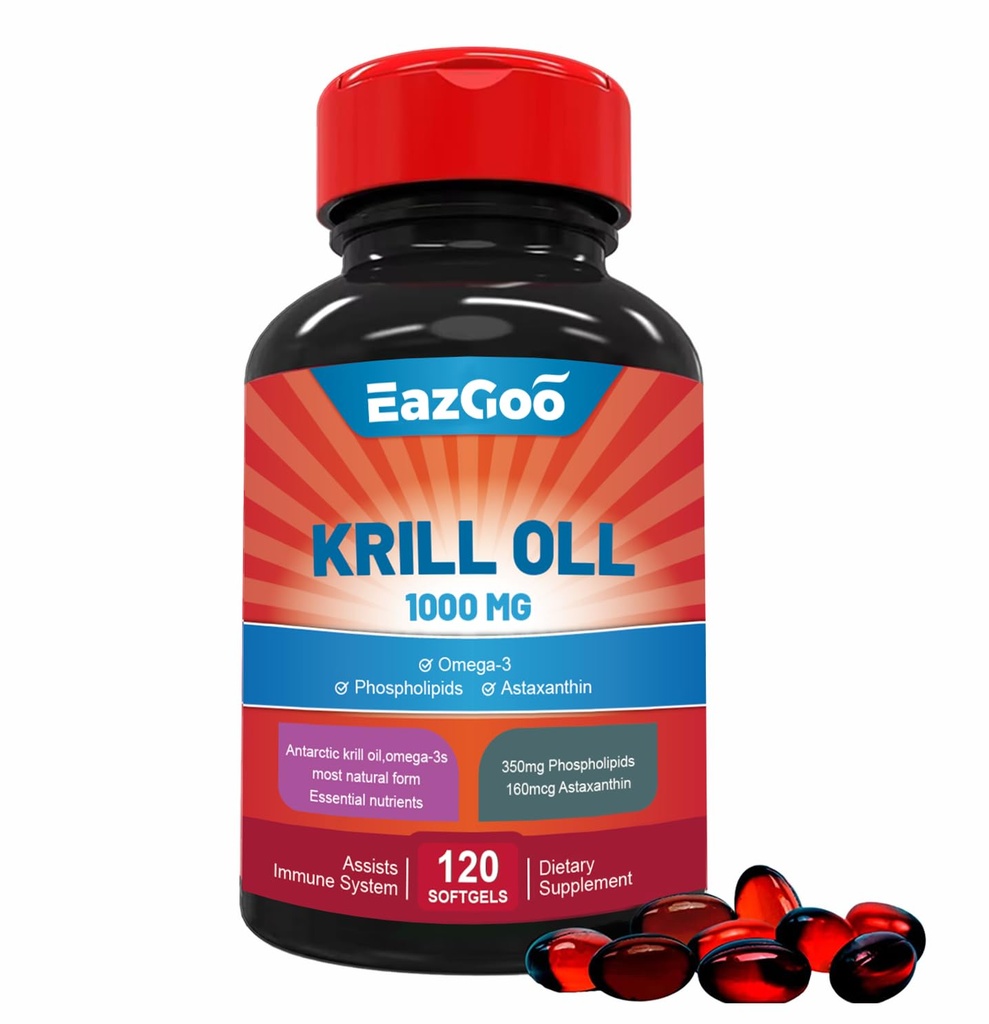 Antarktis Krillöl 1000mg, Omega 3 Supplement,EPA, DHA, Phospholipide und Astaxanthin- 120 Softgels