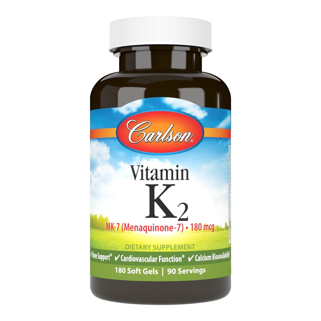 Carlson - Vitamina K2 MK-7 (Menaquinone), 180 mcg, Bone Support, Calcium Biodisponibilità, K2 Vitamin, Vitamina K-2, 180 Softgels
