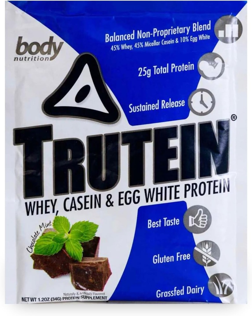Body Nutrition Trutein High Protein Powder: 45% Whey, 45% Casein, 10% Eiweiß, Glutenfrei, Low Sodium, Gras Fed Whey Protein Powder, Gym Supplement & Breakfast Shake, Chocolate Mint, 34g Probe