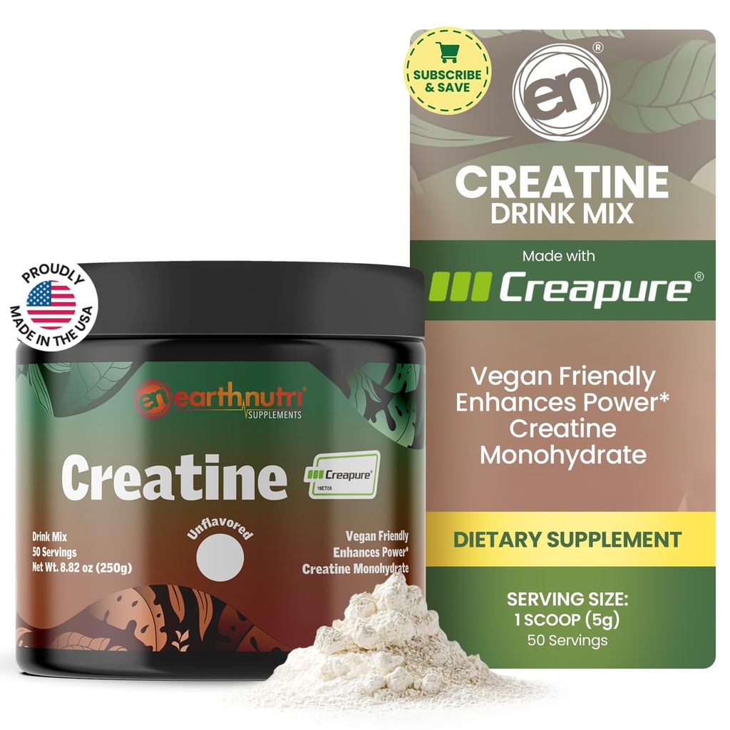 EarthNutri Creatine Monohydrat-Pulver - Pure Creatine-Ergänzung für Muskelkraft, Stärke & Performance – Non-GMO, Sugar-Free, Additive-Free – für Männer & Frauen, Entflammt 250g