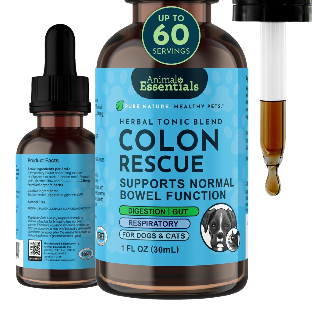 Animali Essentials Colon Soccorso per cani e gatti - Rilievo di costipazione, Sgabello Softener con Slippery Elm, Marshmallow Root, Radice di liquirizia - 1 Fl Oz