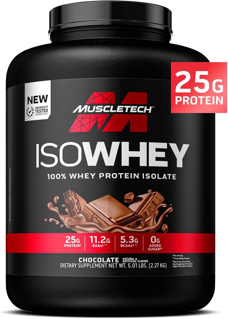 MuscleTech ISO Whey Isolate Protein Powder, Chocolate - Post Workout Gym Supplement per guadagno muscolare magra, Body Building Weight Gainer & Recovery - 25g Protein, BCAA & 0 Aggiunto Sugar - 5lbs