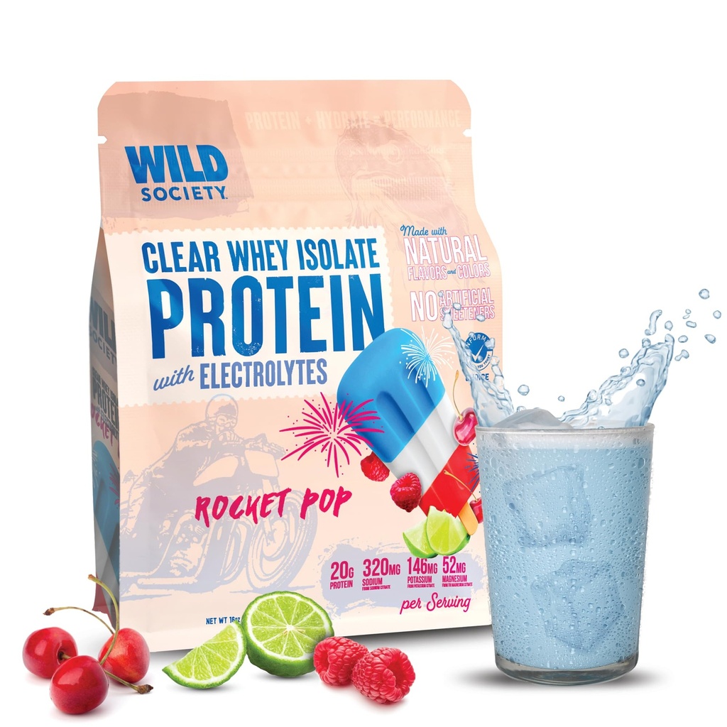 SOCIÉTÉ WILD - Protéine de lactosérum clair + électrolytes - Poudre d'isolat de lactosérum rafraîchissante - 20g Protéine, 0 Sucre ajouté, sans OGM, arômes et couleurs naturels - Rocket Pop, 16 oz