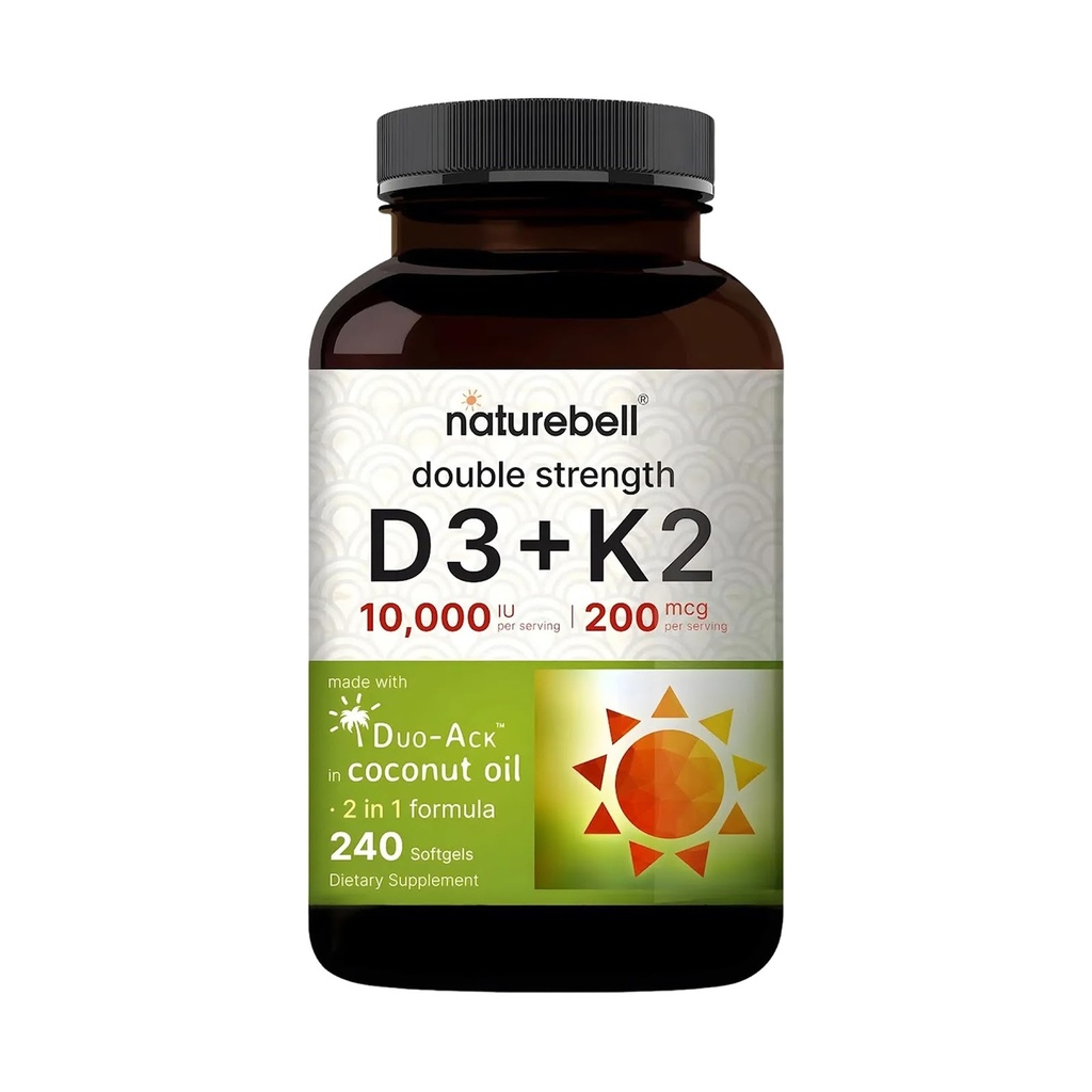 NatureBell Vitamina Doppio Forza D3 + K2-240 Softgels - 10.000 IU Vitamin D & 200mcg K2 - Bone Forza, Funzione Immune & Calcium Absorption Support* - Olio di cocco Infuso