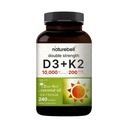 NatureBell Vitamin Double Strength D3 + K2-240 Softgels - 10.000 IE Vitamin D & 200mcg K2 - Knochenstärke, Immunfunktion & Kalziumabsorptionsunterstützung * - Kokosöl infundiert