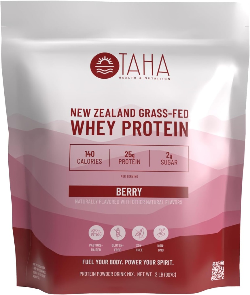 Taha Health & Nutrition Berry aromaed Whey Protein Concentrate Powder, 25g Protein, 140 Calories, 2g Sugar | Nuova Zelanda Grass-Fed, Free-Range Dairy | Gluten and Soy Free, Keto, Kosher | 2LB
