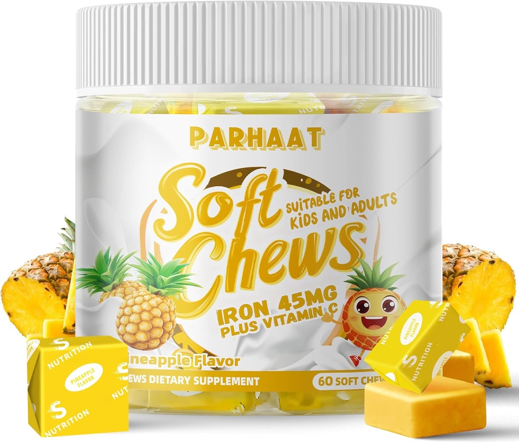 Iron Soft Chew Supplement with Vitamin C | Pineapple Flavored | Gluten Free | Iron Supplement for Women Men and Kids | 60 Count | 2 Month Supply