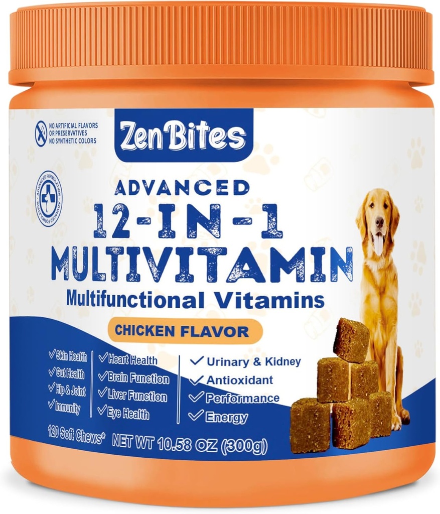 12-in-1 Cane Vitamine & Probiotici 120 Cuciture Morbide - Multivitamina Organica con Glucosamina per Cani - Supporto Congiunto Integratore per Cani di Tutte le Età,Dimensioni, & Razze, Supporti Pelle, Cuore, Immunità