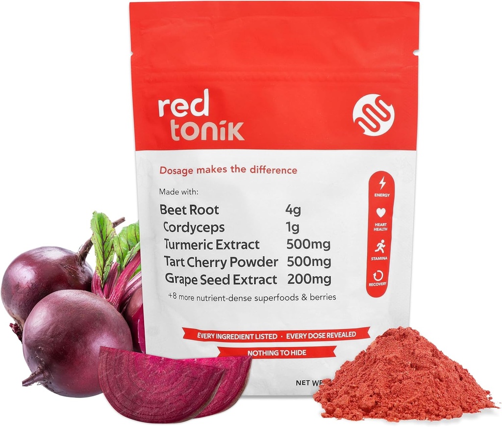Red Tonik Superfood Powder |Beet Root |Mushroom |Turmeric |Daily Supplement con 13 Superfoods |Vitamins and Minerals |Boost Energy, Stamina |Post-Workout Recovery |Berry Flavor