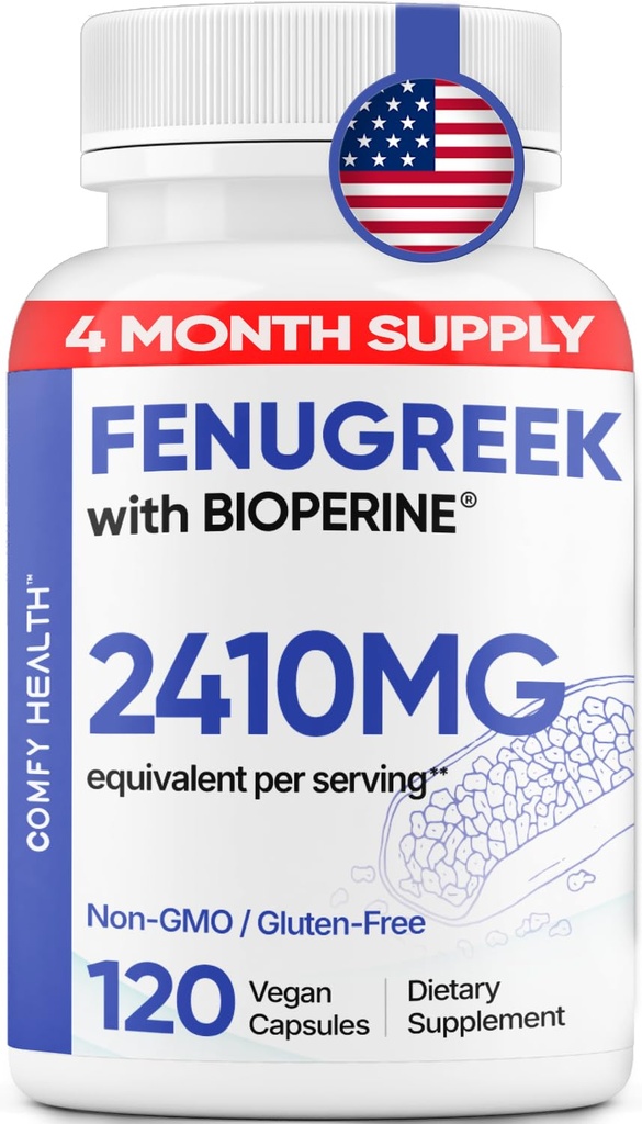 Capsule Fenugreek, 2410mg Per Capsule, 120 Count, Pillole Fenugreek con Bioperine per Assorbimento Superiore, Non OGM, Gluten Free Fenugreek Seeds Extract Supplements, Fenogreco Capsulas