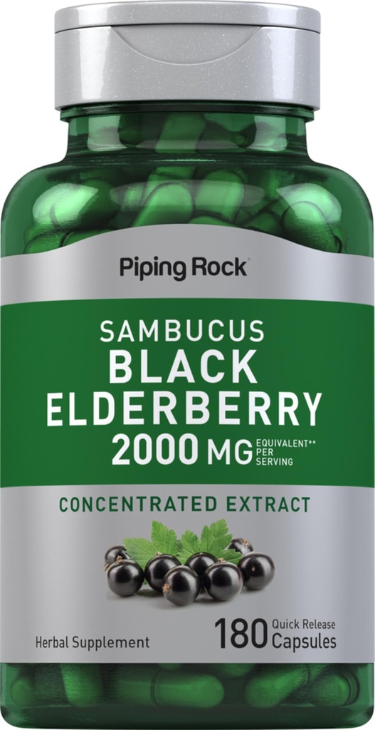 Piping Rock Elderberry Kapseln | 2000 mg | 180 Pillen | Sambucus Kräuterextrakt Ergänzung | Konzentrierter Extrakt | Non-GMO, Glutenfrei