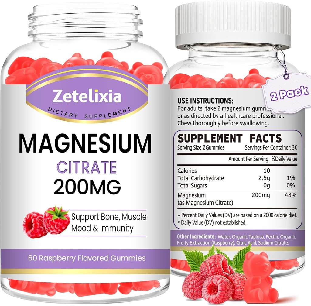 2 Pack Magnesium Citrate Gummies, High Absorption Magnesium Gummies for Adults, Muscle & Teeth Support, Vegan Natural Raspberry Flavor 120 Cts