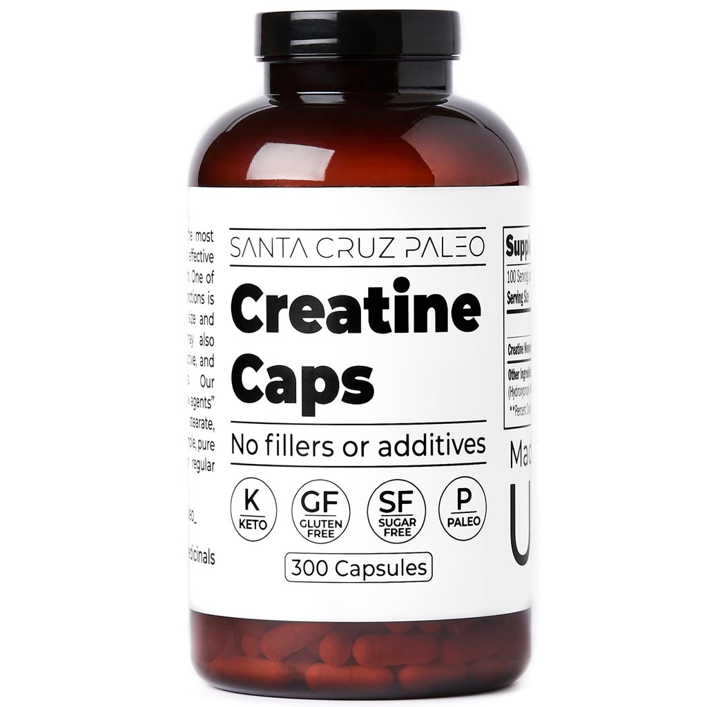 Santa Cruz Paleo Creatina capsule, Supporta la crescita del muscolo e l'energia, senza glutine, Keto, senza zucchero, Paleo, senza Filler o Additivi, Pillole di Monoidrato di Creatina, 2500mg, 100 Servings, 300 Capsule