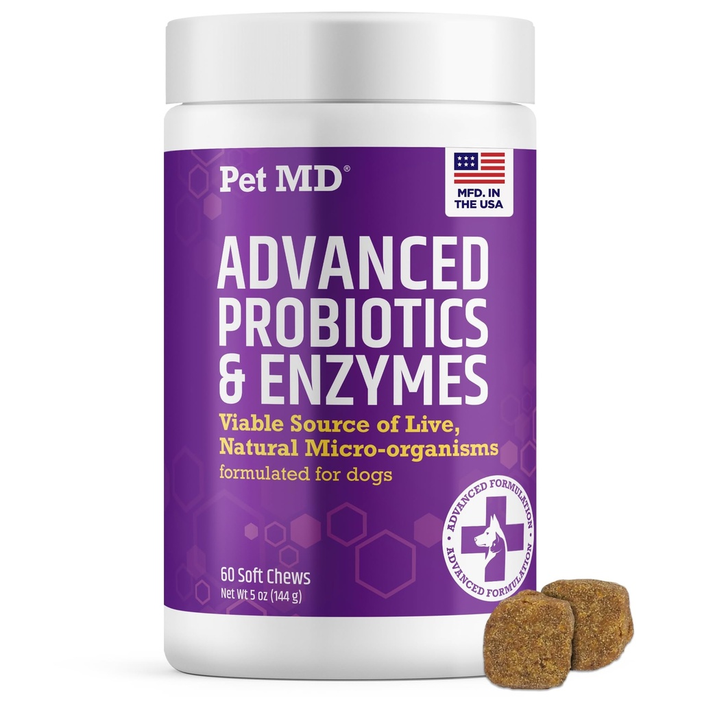 Animal MD Probiotiques et enzymes pour chiens - Gut Health Chews with Prebiotics - Aide digestive pour chiens avec estomac, diarrhée, constipation ou gaz - Probiotiques fonctionnels pour chiens - 60 ct