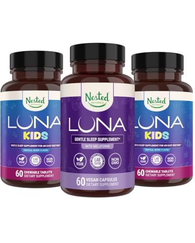 Nested Naturals Luna Kinder Schlafzusatz (60 Kautabletten) & Luna Natural Sleep Aid (60 Vegan Kapseln)