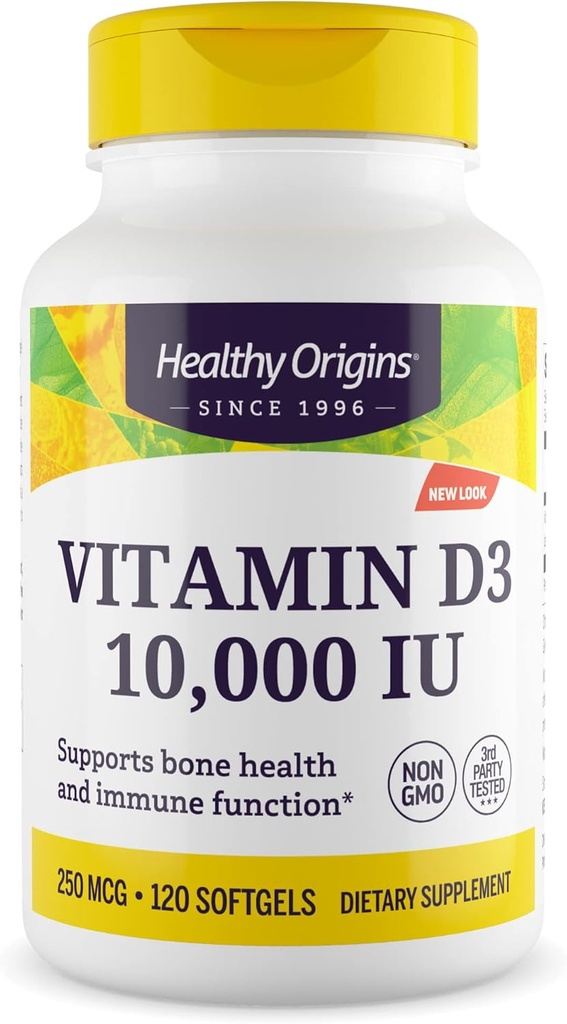 Origines saines Vitamine D3 10 000 UI (non-OGM, haute puissance, soutien osseux, soutien immunitaire, sans gluten), 120 softgels