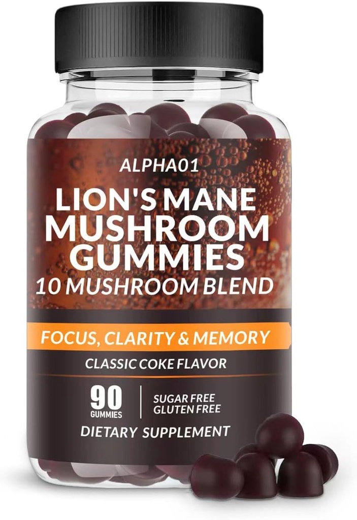 Mushroom Gummies - 10x Mushroom Supplement con Ashwagandha e Lions Mane - Nootropic Brain Supplement, Supporto immunitario & Stress Relief (90 CT) Classic Coke