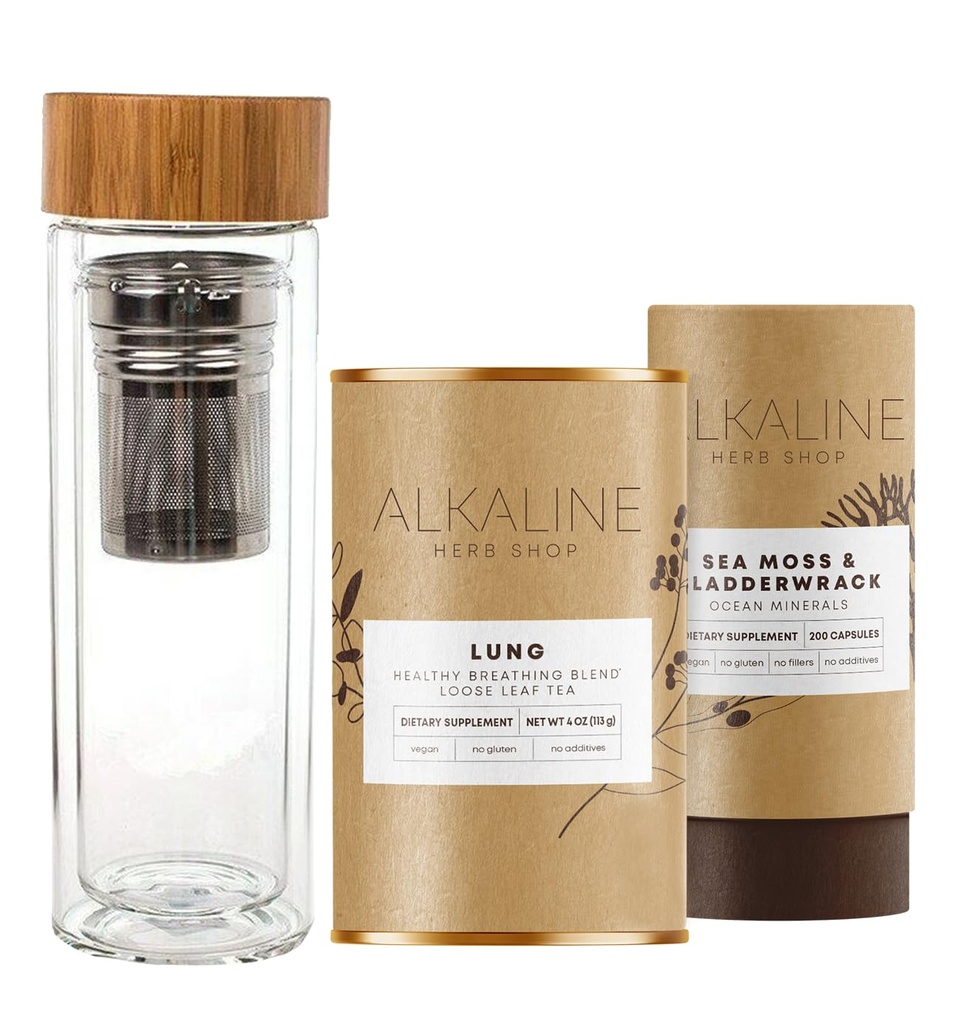 Alkaline Herb Shop sano polmone Bundle - Sea Moss & Bladderwrack supplemento, supplemento di tè polmonare (testo polmonare felice) e doppio vetro della parete bere in acciaio inossidabile tè infusore acqua bottiglia Bamboo 17 oz