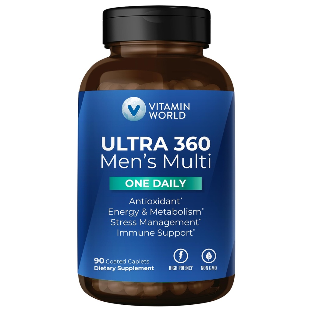 Vitamina Mondo Ultra 360 Multivitaminico per Uomo Un Quotidiano, Multivitamina Uomo con Minerali, Erbe & Antiossidanti, Supplemento giornaliero con Vitamina A, C, D, E & Zinc per Energia & Supporto immunitario, 90 Caplets