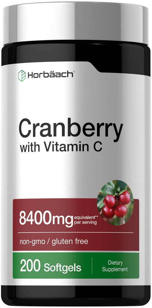 Horbäach Cranberry Pills per le donne e gli uomini | 8400mg | 200 Softgels | Estratto supplemento con vitamina C | Non OGM, Gluten Free