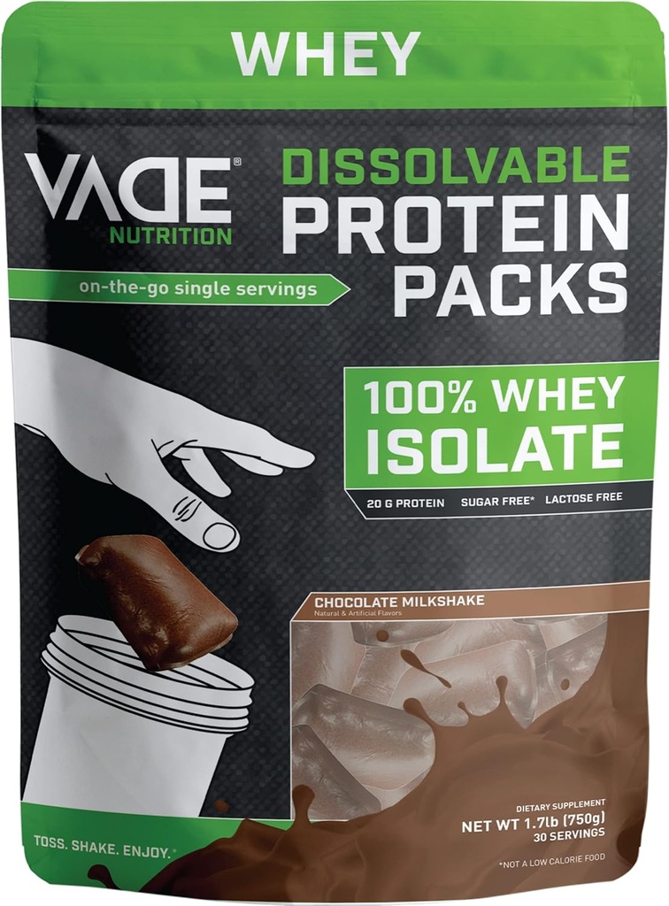 VADE Nutrition Dissolvable Protein Packs - 100% Whey Isolate Protein Powder Chocolate Milkshake - Carb basso, Calorie basse, Lattosio libero, senza zucchero, senza grassi, senza glutine - 30 pacchetti per andare