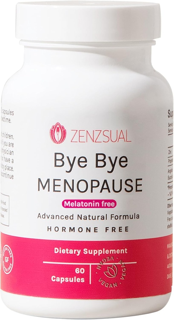 Suppléments de ménopause ZENZSUAL Bye Bye pour les femmes – Support de ménopause naturelle pour les flashs chauds, les sueurs nocturnes, les swings d'humeur et l'équilibre hormonal – formule sans mélotonine, végétalien, sans œstrogène – 60 capsules
