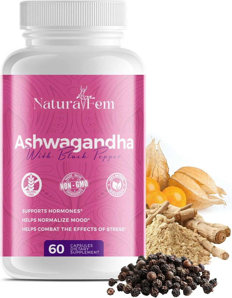 Naturalfem Ashwagandha Suppléments pour les femmes avec poivre noir - Stress Management, Hormone & Mood Support Supplément - Sans gluten, 1300 mg. 60 Capsules végétales