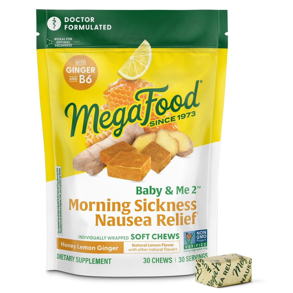 MegaFood Baby & Me Prenatal Morning Sickness Relief, Ginger Chews, mit Vitamin B6, Hergestellt ohne 9 Lebensmittel Allergene, Honig Zitronen Ginger Flavor, 30 Chews