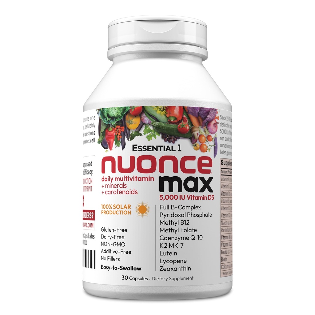 ANDREW LESSMAN Essential-1 nuonce max Multivitamin 5000 IU Vitamina D3 30 Piccole capsule. 100 mcg Methyl B12. CoQ10 Lutein Lycopene Zeaxantina. Alta potenza. Niente additivi. Ultra-Mild One Daily Capsule