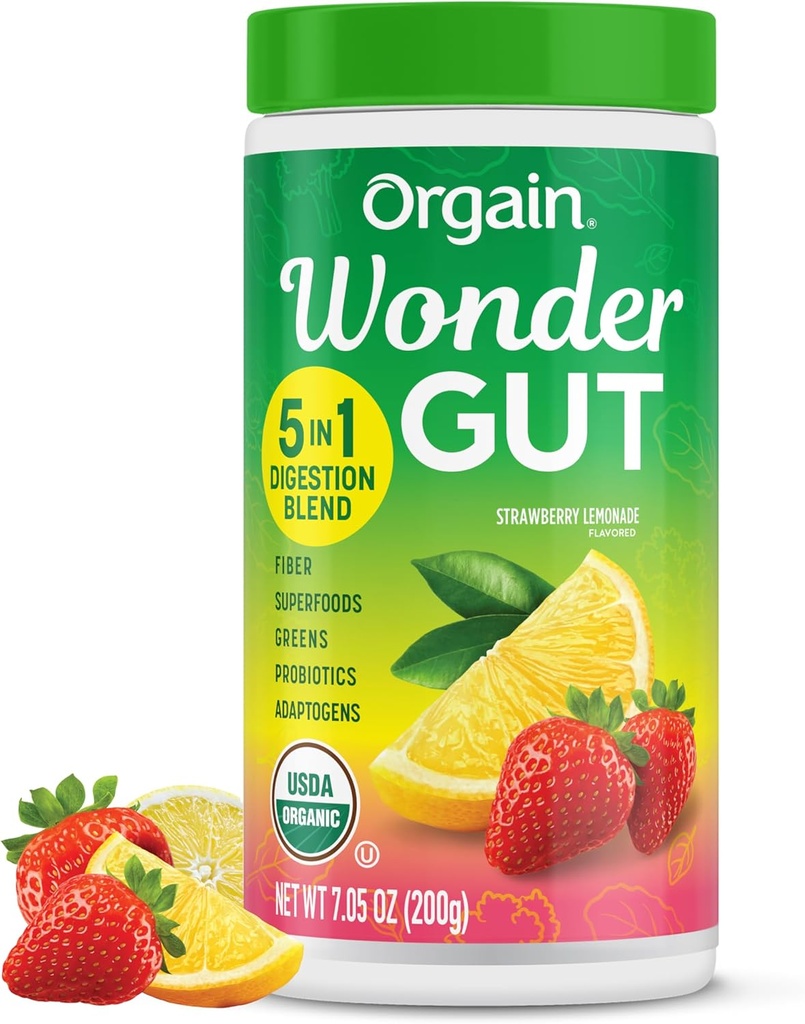 Orgain Organic Wonder Gut Fiber Supplement Powder, 5 in 1 Mischung mit 1 Billion Probiotics, Greens, Vitamin C, Adaptogene für Gut Gesundheit und Immununterstützung, Non-GMO, Erdbeer-Lemonade, 7.05 Unze