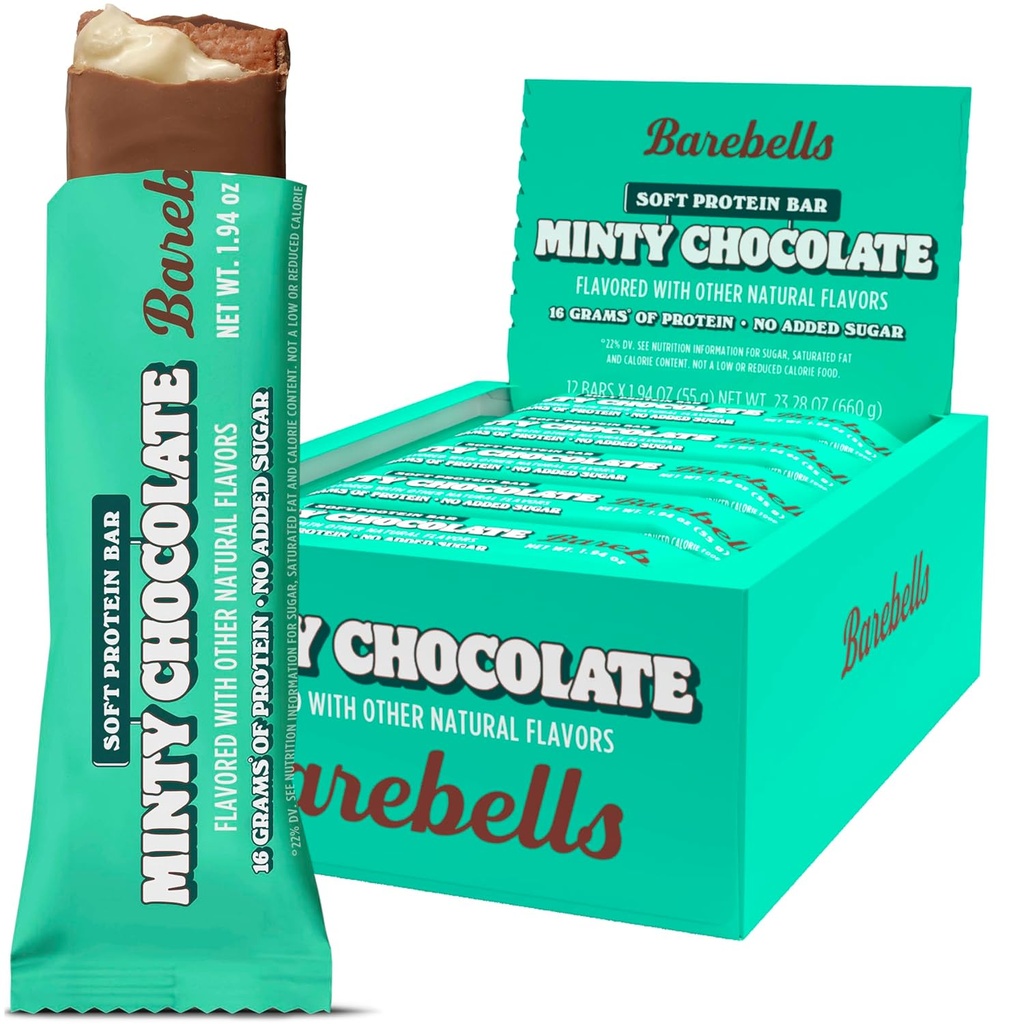 Barebells Soft Protein Bars, Minty Chocolate - 12 Count, 16g High Protein Treats - Chocolate Nutrition Bar con 1g Total Sugars - On The Go Breakfast o Post-Workout Snack