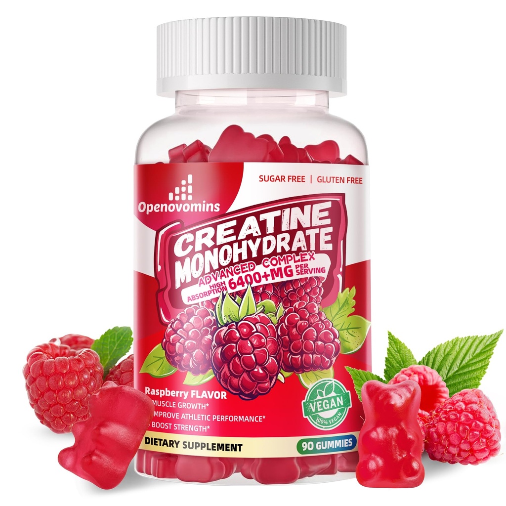 Complexe monohydraté de la créatine 6400mg pour les hommes et les femmes - formule avancée W/L-Taurine + vitamine B12, supplément à croquer sans sucre,90 Gommies de framboises