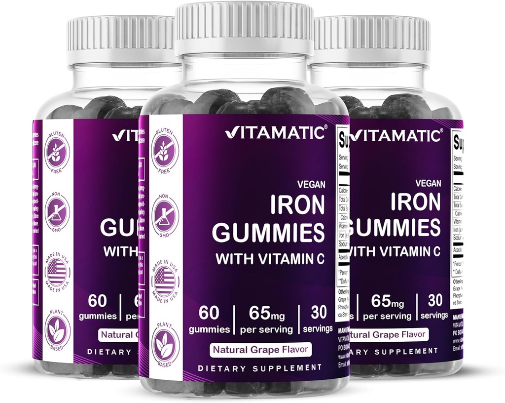 Vitamatic Iron 65 mg Gummies Supplement for Women & Men - 60 Vegan Gummies - Great Tasting Iron Gummy Vitamins with Vitamin C (3)
