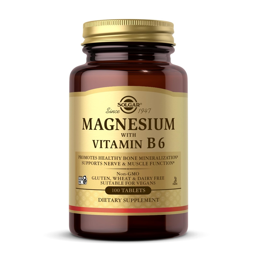 Solgar Magnesium mit Vitamin B6, 100 Tabletten - Gesunde Knochenmineralisierung fördern, Nerve & Muskelfunktion unterstützen, Energiemetabolismus - Non-GMO, Vegan, Glutenfrei, Dairy Free, Kosher - 33 Servierungen