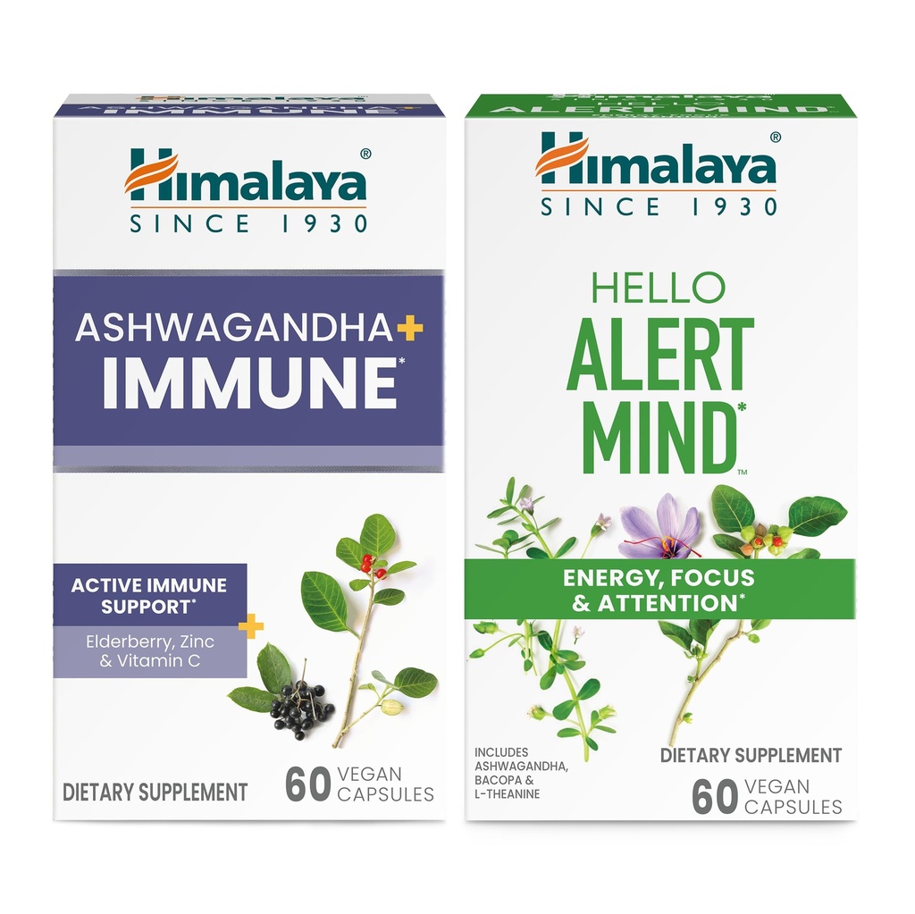 Himalaya Ashwagandha +Immune à la vitamine C pour le soutien immunitaire actif & Hello Alert Mind for Energy, Focus & Attention, 60 Capsules Chaque - Bundle