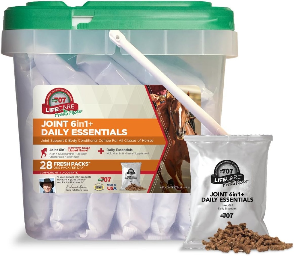 Formule 707 Joint 6in1 + Essentiels quotidiens Combo emballages frais Supplément équine, 28 jours d'approvisionnement: moules à lis vert, glucosamine, chondritine, collagène, bromélain et MSM + vitamines complètes